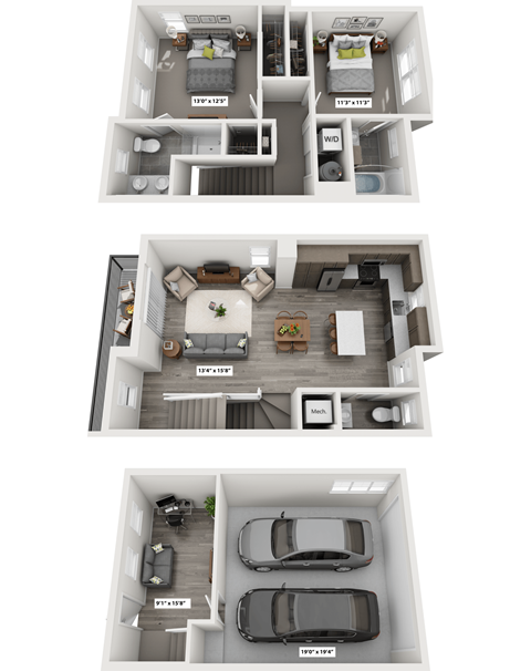 Three different floor plans of a house are shown.